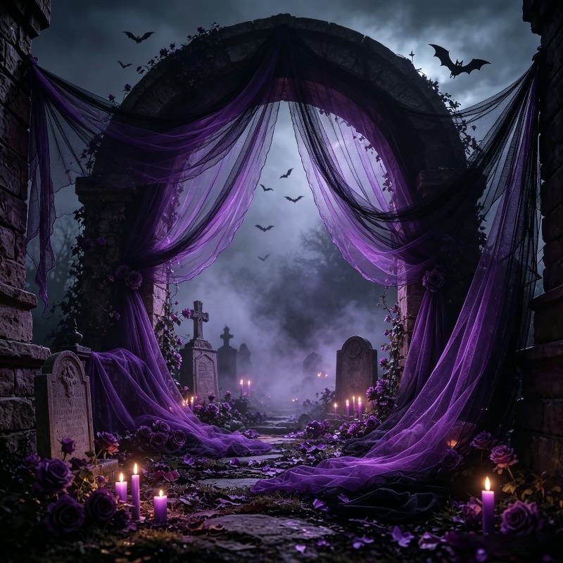 TEMU 4.0m Roll Black & Dark Purple Tulle Mesh Fabric Suitable For Halloween Horror Decorations, Sheer Netting For Cobweb Garland, Panels, Backdrops,