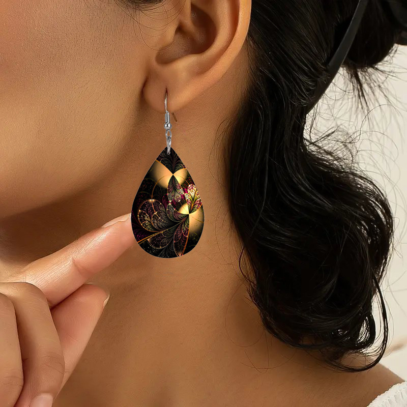 Retro Golden Brown Flower Pattern Faux Leather Earrings