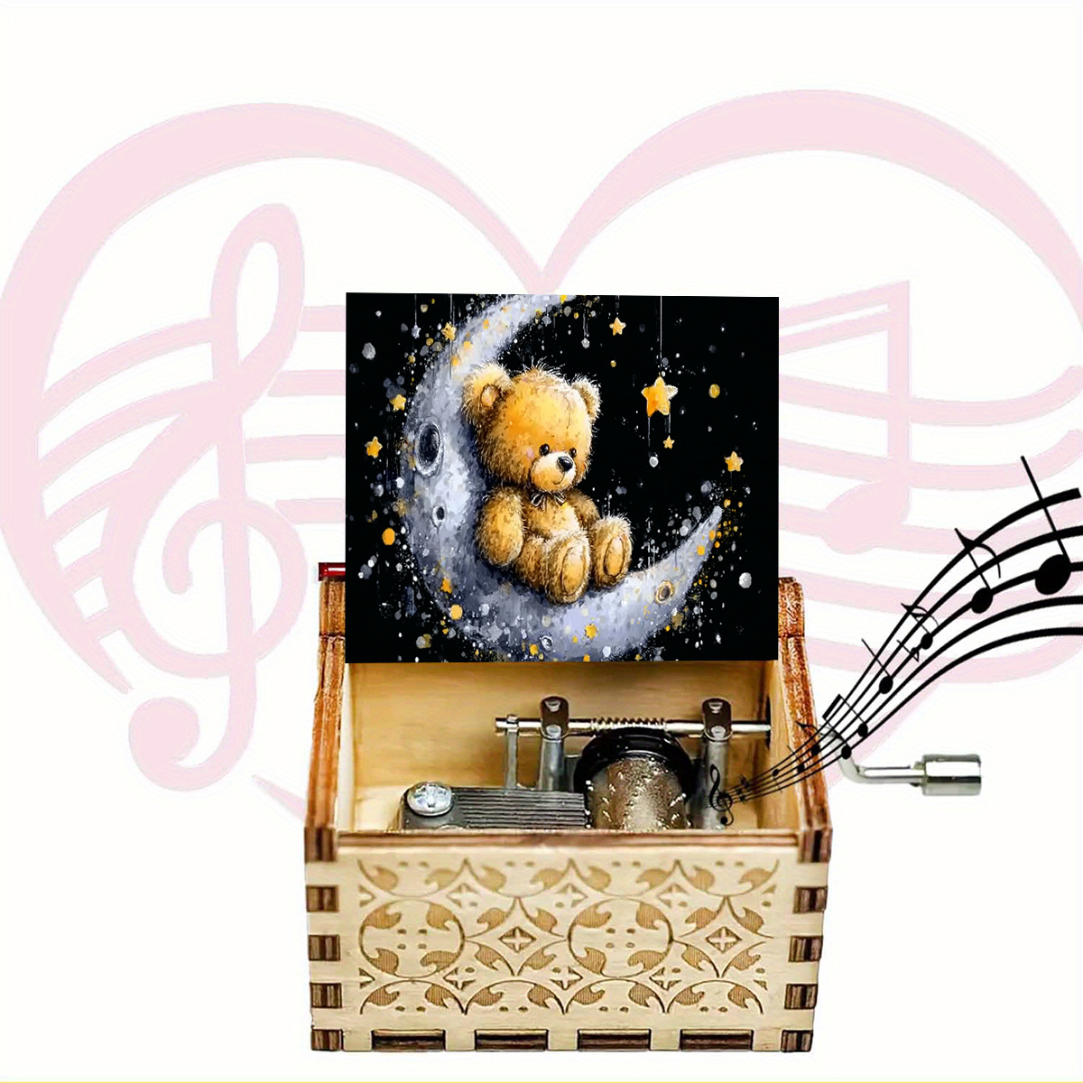 TEMU 1pc Wooden Hand-crank Music Box | : A Tan-brown Plush Teddy Bear Sits On A With . Adds A Romantic Ambiance To Your Home, Making It An Elegant