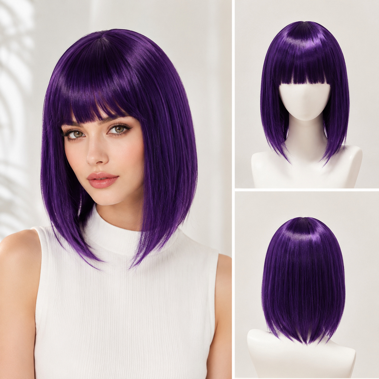 TEMU Halloween Cosplay Short, Straight Purple Bob Wig With Purple Highlights - Designed For Women. This Yet Stylish Wig Features Neat Bangs And Is