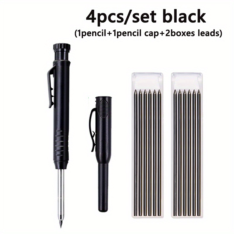 Solid Carpenter Pencils Set With Pencil Cap And Lead Refills, Deep Hole Woodworking Mechanical Pencil Marker With Built In Sharpener For Woodworking Drawing(1pencil 1pencil Cap 2boxes Leads)