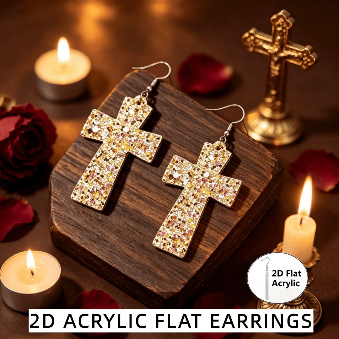 Glitter Sequins Cross Acrylic Dangle Drop Earrings