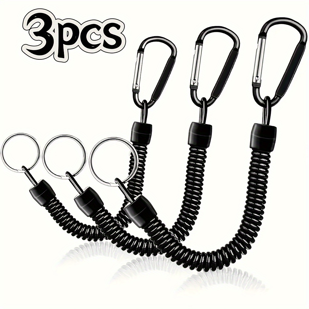 TEMU 3pcs Black Retractable Spring Keychains Wristbands - Load Capacity 15 Lbs, Expandable From 8.46" To 47", With Built-in Steel Wire And Durable