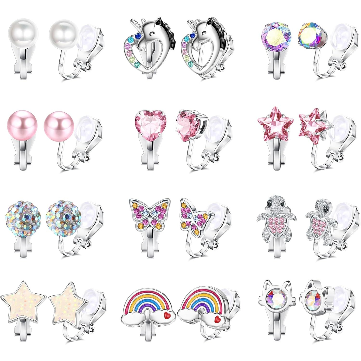 12 Pairs Hypoallergenic Clip-on Earrings Suitable For Women & - Non-pierced Ear Studs With Cat, Star, Heart, Clips | Multicolored Fake Earrings For Daily Wear, Parties, New Year Gifts | Wear For