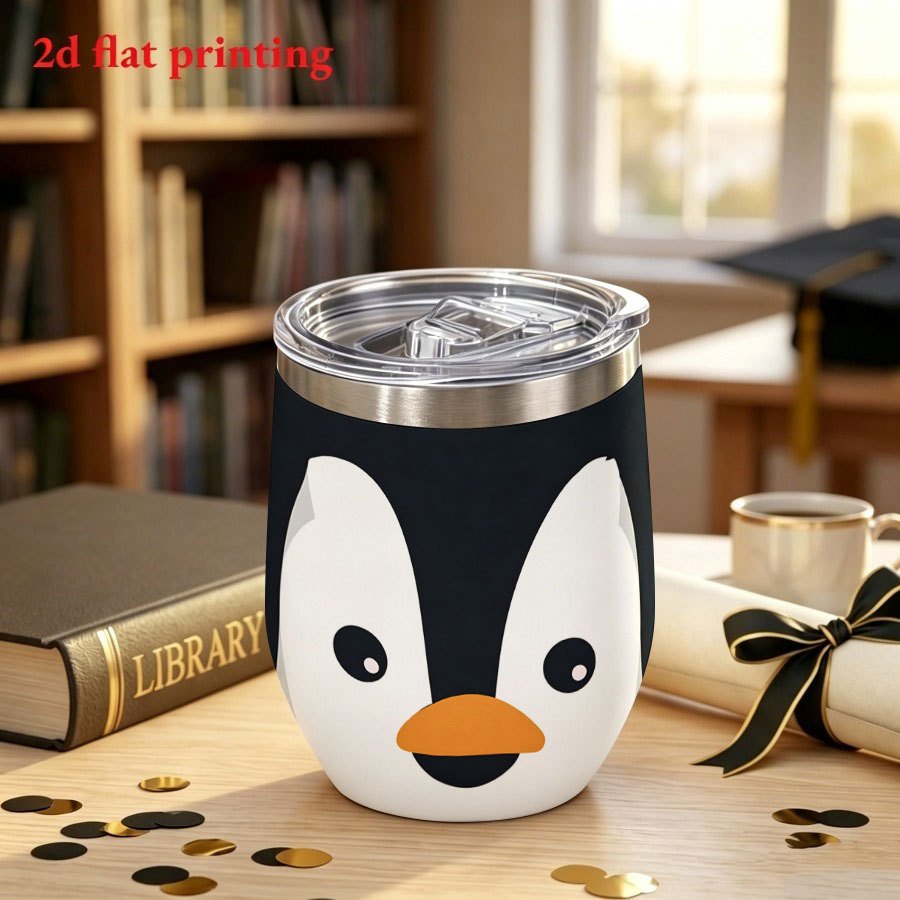 TEMU 1pc 12oz, 2d Patterned Insulated Water Cup With Slide-push Lid. Features 4 White Penguins With Orange Against A Dark Background. Suitable For