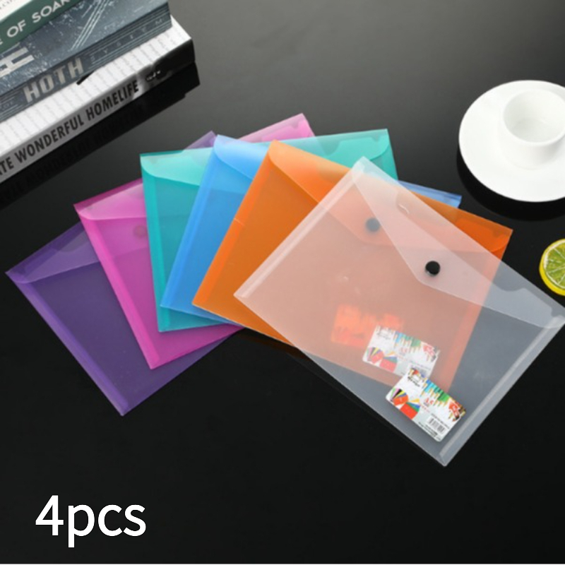 TEMU 4/6pcs A5 Colored Transparent Snap Button File Bag (random Color), Cute Pp Material Office Storage Bag, School Supplies Stationery, Desktop