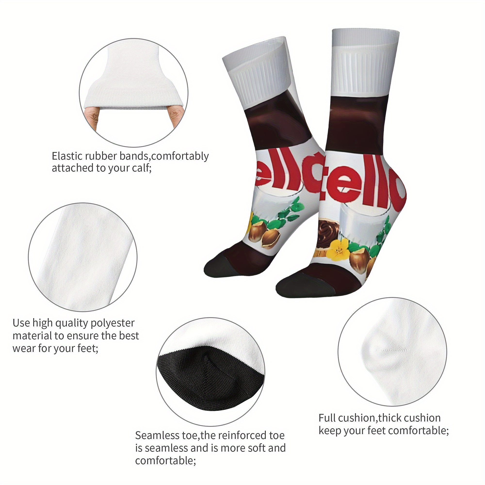 1 Pair Men'S Funny Novelty Crew Socks - Chocolate Hazelnut Spread Design, Hip Hop Harajuku Style, Polyester Knit Fabric (95% Polyester, 5% Elastane), Hand Washable - Ideal for Christmas Gifts and Casual Wear