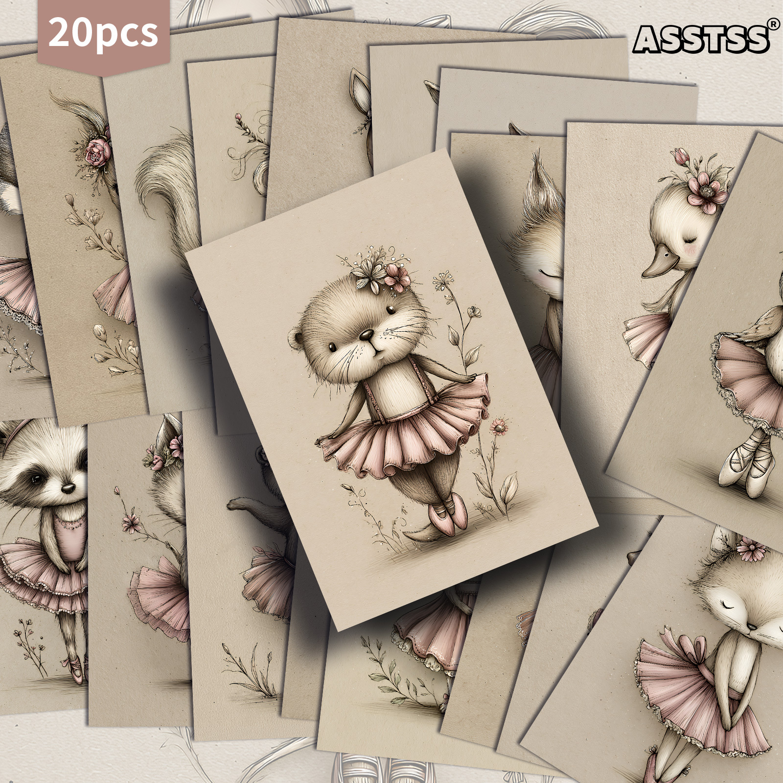 TEMU 20 Pack Asstss Vintage Ballet Animals Paper Postcards - 4x6 Inches Vintage Junk Journal Paper, Classic Pinup Illustrations, Collectible