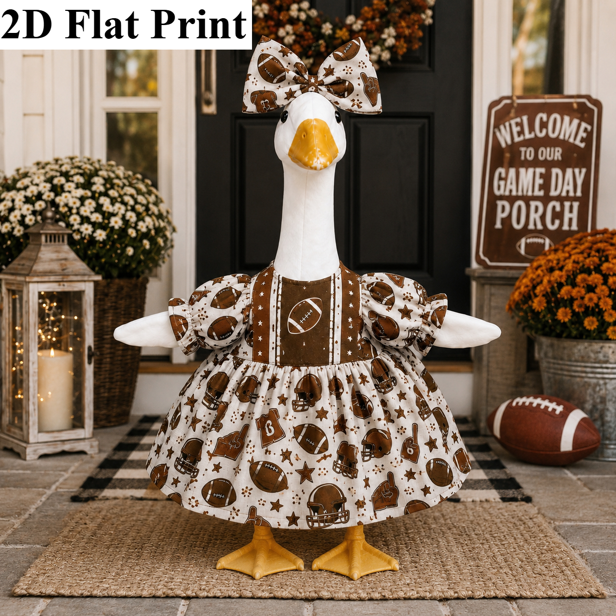TEMU 2pcs 2d Flat Print Fits 23 Inch Porch Goose Outfit, Game Day Football Helmet Puff Sleeve Dress With Matching Bow, Holiday Farmhouse Porch Yard