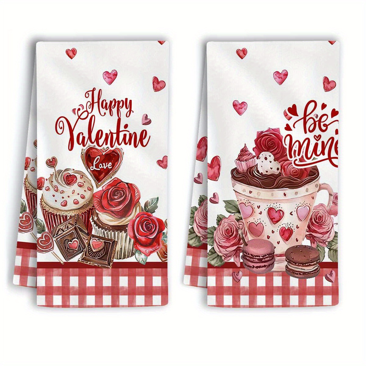 

2-pack Modern Valentine's Day Kitchen Towels, Soft Polyester Dish Cloths With Heart, Cake, Chocolate, Coffee, Roses Design, Hand Wash Only, Decorative Hand Towels For Home And Hotel