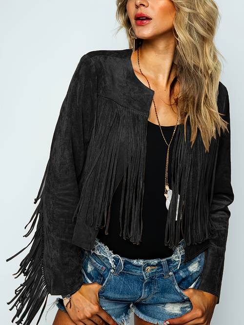 womens casual fringe long sleeve front open jacket camel colored outerwear suitable for spring autumn and winter for daily commuting and holiday wear