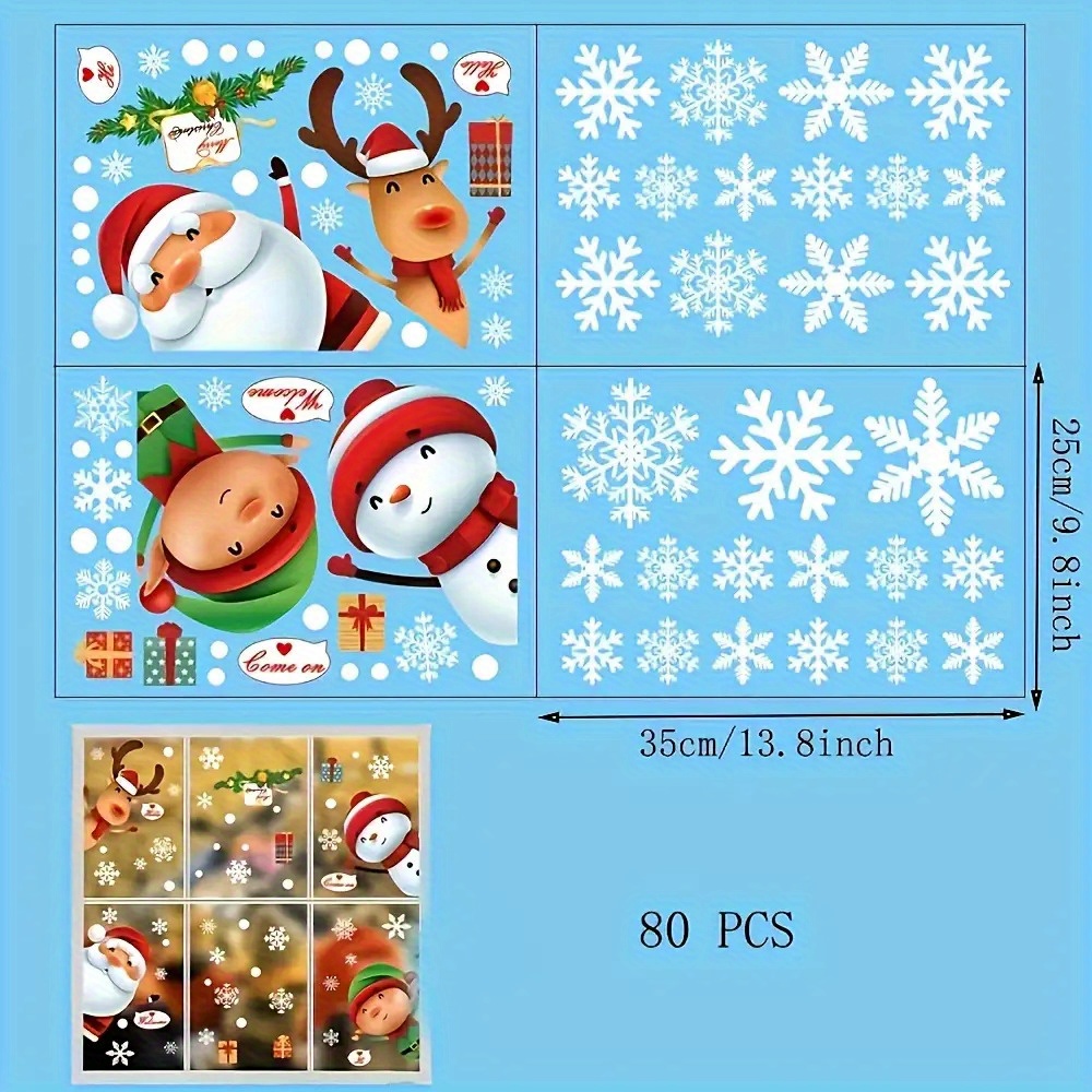 80 Glass Christmas Window Stickers, Specially Prepared for Christmas Decoration, Featuring Santa Claus and Reindeer Themes, Perfect for Party Use, Adding a Festive and Joyful Atmosphere to the Holiday Season.