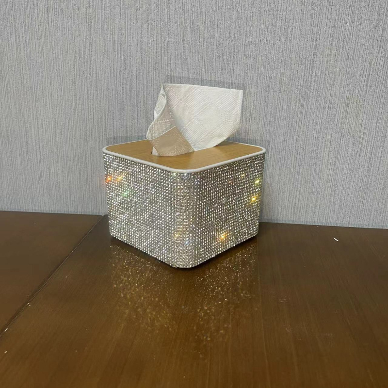 1pc handmade sparkling tissue box holder with glittering diamonds square plastic countertop organizer for bathroom kitchen or living room elegant tabletop storage for tissues napkins and more bathroom tissue holder decorative storage glittering   Product details 0