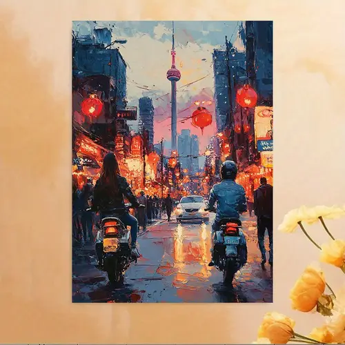 1pc vibrant cityscape motorcycle street art print frameless 12x16 scene with red lanterns reflective sky living room bedroom decor ideal gift for mothers day valentines easter thanksgiving ar