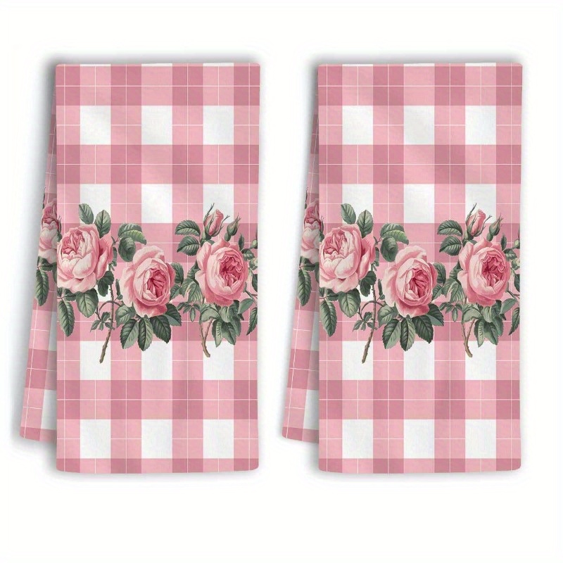 TEMU 2pcs Extra Large Kitchen Dish Towels - Soft Polyester Cleaning Cloths With Pink Floral Pattern ( & White), Decorative Dish Towels For ,