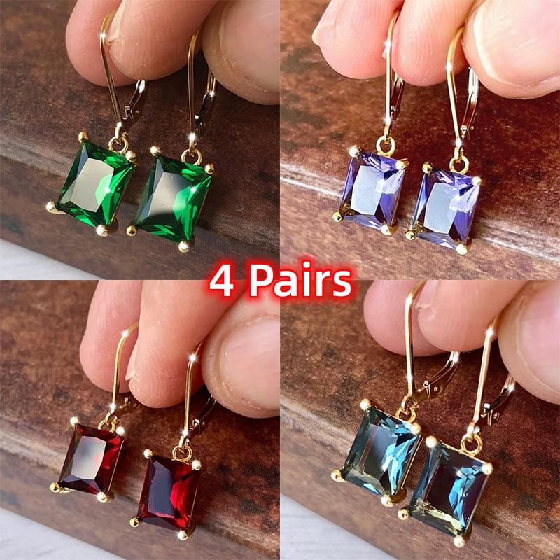 

4 Pair/ / 1 Pair Of Copper Gold-plated Square Cubic Zirconia Men's Earrings, Nickel Free Electroplating - , Wedding Parties, Women's Birthday Gifts, And Christmas Celebrations