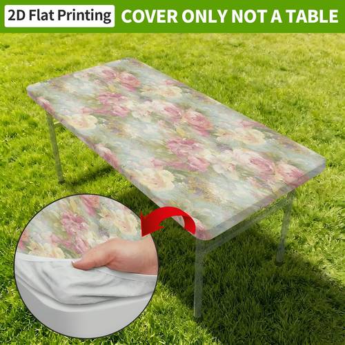 objektbild 2d blommig ros pastell stretchbar tvättbar bordsduk, (endast överdrag - bord ingår ej), rektangulärt bordsöverdrag för camping, picknick, blommigt ros pastelltema, utomhusbruk, stretchbara , 2d
