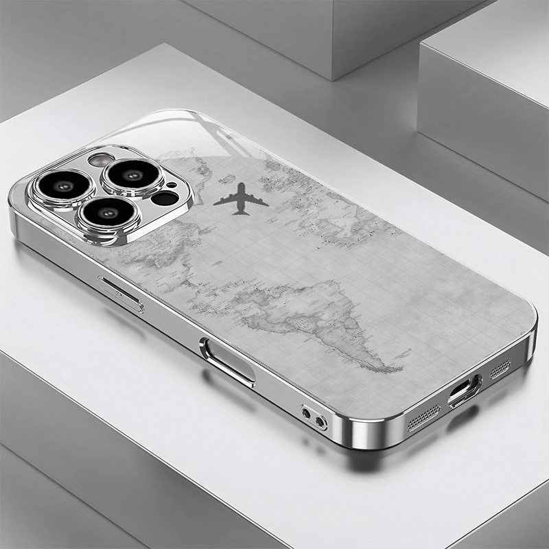 TEMU Phone Case - Airplane Pattern Electroplated Silver Tempered Glass Phone Case For Iphone 1717air17pro17promax For Iphone 1616plus16pro16promax