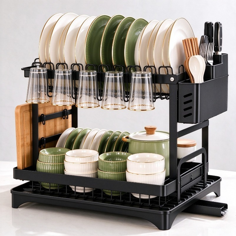 Image of Double Tier Kitchen Countertop Dish Rack, Dish Rack With And Mat, Drain Rack With Cutlery And Cup Holders, Gifts For Women, Mother's Day Gifts, Cool Goodies And Kitchen Gadgets