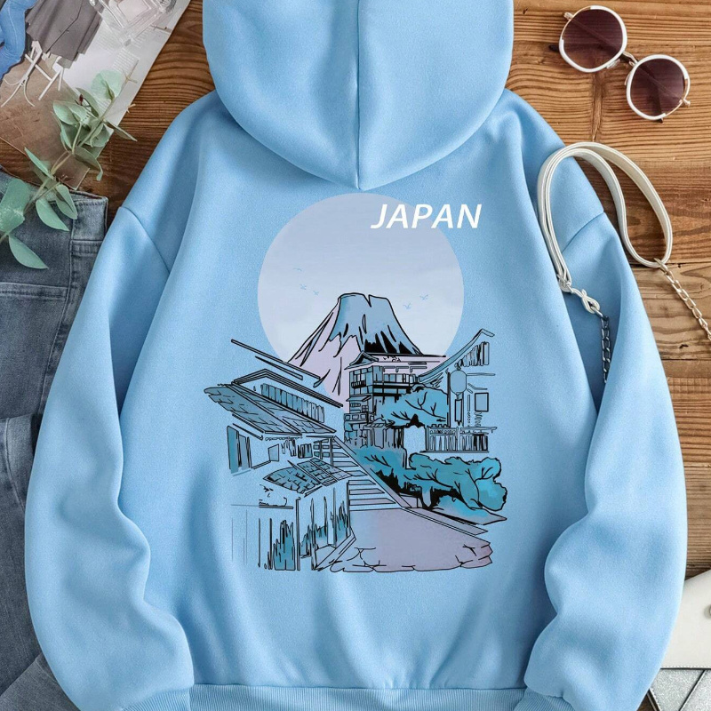 

Sweat à capuche Paysage du Japon pour femme - Pullover décontracté avec capuche à cordon, tissu en polyester tricoté, manches longues - Sweat à capuche pour /l'hiver