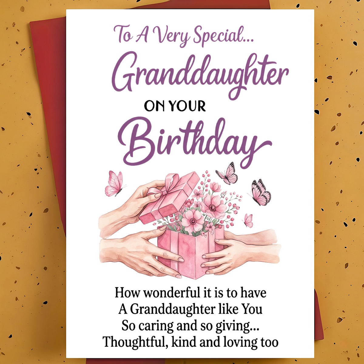 TEMU 1pc Birthday Greeting Card For Granddaughter – Floral Gift Box With Butterflies Watercolor Hand-drawn Illustration, Sweet Card, With Envelope