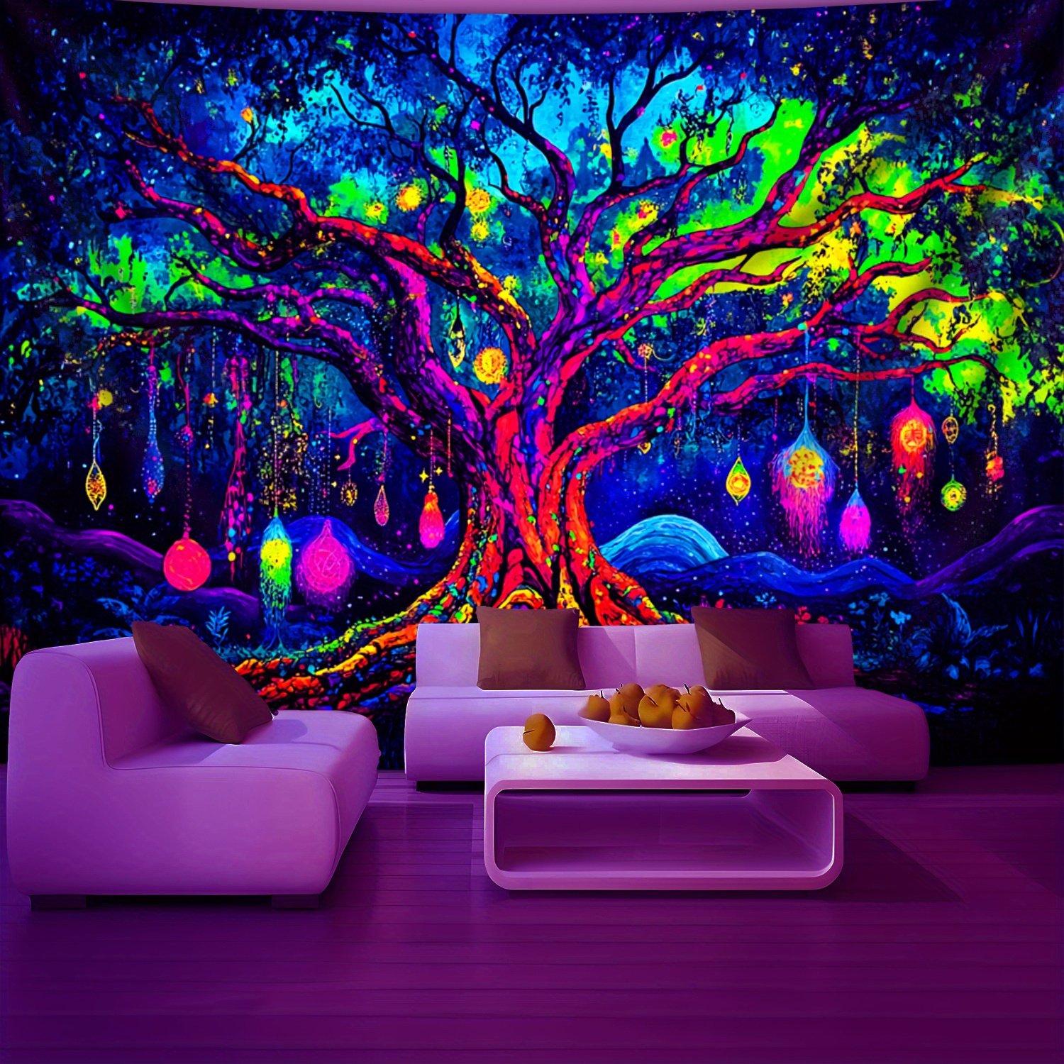 TEMU [2d Flat Printing]1pcs Ultra Large Size Tree Of Life Romantic Landscape High-definition Print Uv Black Light Tapestry Polyester Wall Decoration