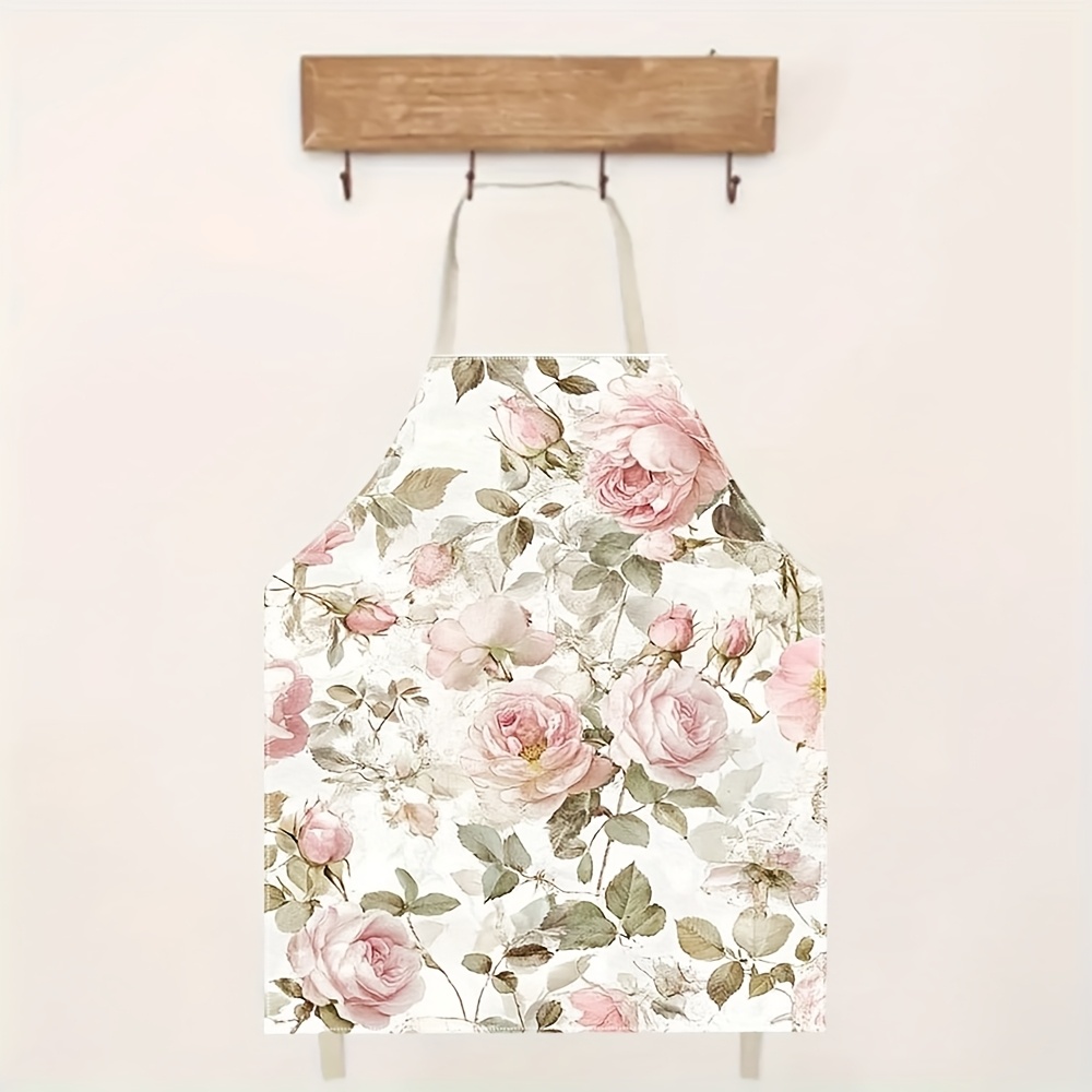 TEMU 1pc Flat Printed And White Kitchen Apron - Durable Material, Perfect For Cooking, Baking, And Grilling, Artistic Apron | Floral Print Apron |
