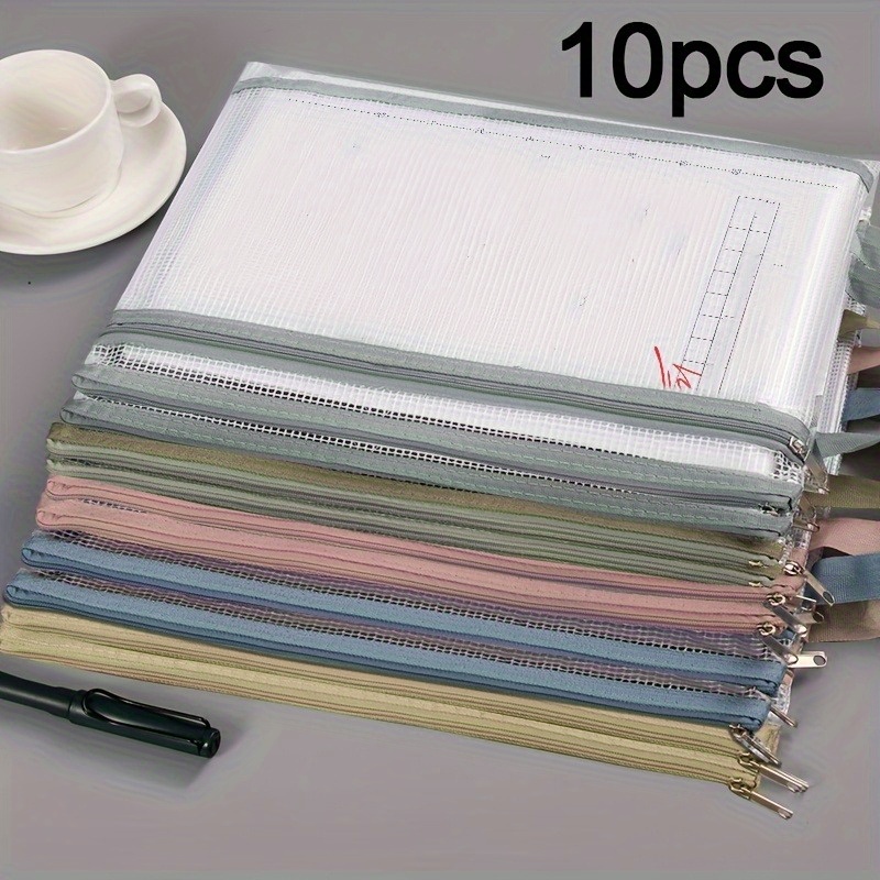 TEMU 10 pochettes zippées A4 en PVC transparent avec poignées – Organisateur de rangement durable et respirant pour fournitures de bureau/école,
