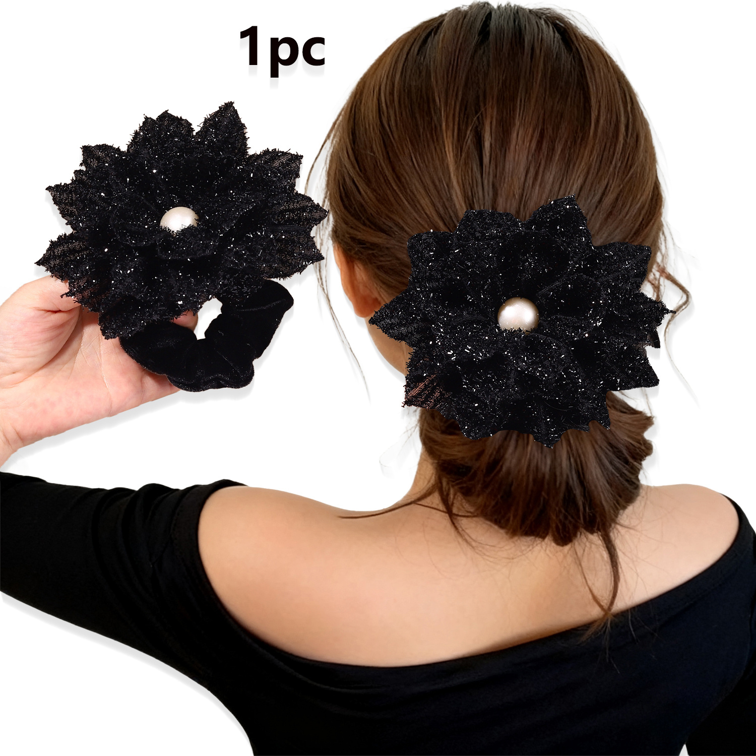 E-shop 1 Stück Herbst/Winter Neue Spitze Blumen Samt Haargummi, Damen Mode Bohemian Stil Große Blume Elastisches Haarband, Schwarzes Haargummi,
