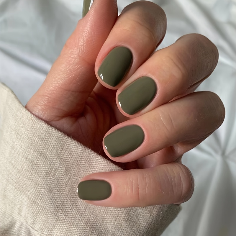 TEMU 48pcs Short Square Press-on Nails Olive Green Glossy - High-end Trendy Solid Color, Simple & Delicate Design For & Casual Occasions, Easy Application Nail Art Stickers
