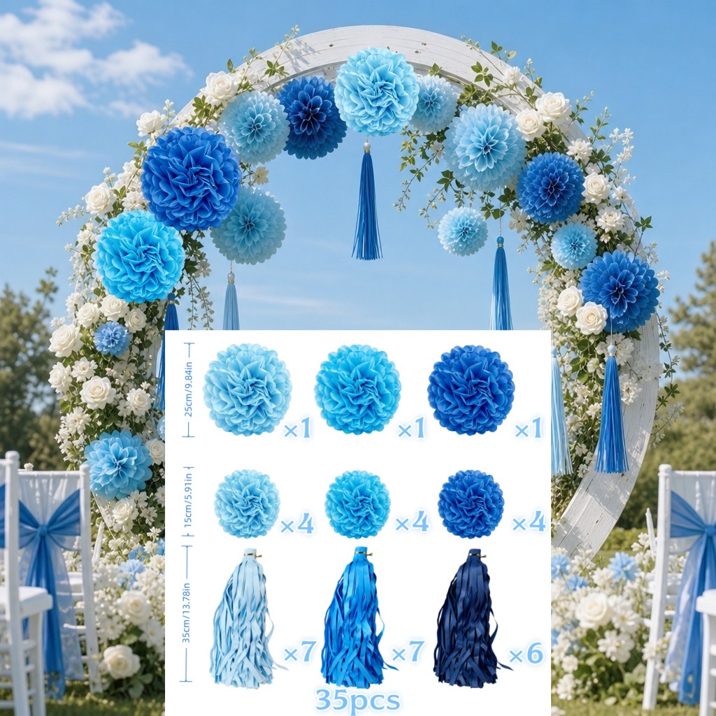 TEMU 35pcs Sapphire Blue Paper Pom Poms   Paper Tassels, Artificial Flowers. Suitable For Outdoor Weddings, Birthdays, And Party