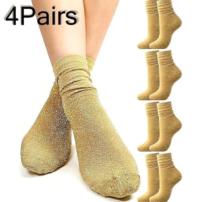 Image of 4 Pairs Women's Novelty Glitter Ankle Socks Sparkling Golden Casual Ladies Bright Vintage Ankle Socks