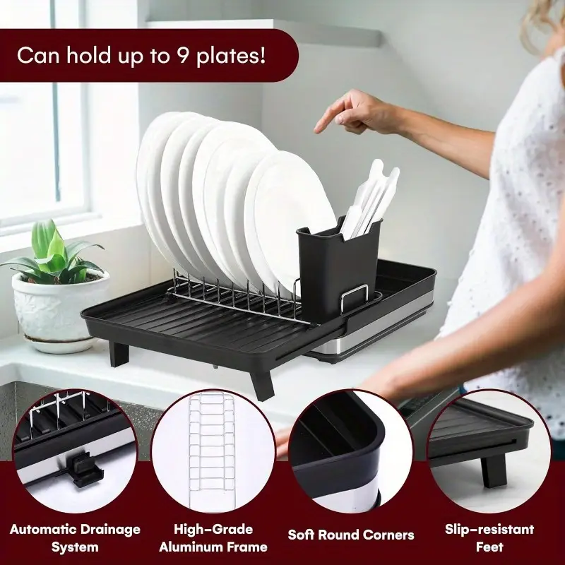 heavy duty expandable dish drying rack space saving adjustable kitchen organizer extra wide dish rack expands from 11 8 to 20 wide rust resistant aluminum for plates pots utensils compact storage black kitchen dish drying rack utensil holder durable construction apartment living sturdy construction home cooks Product details 4