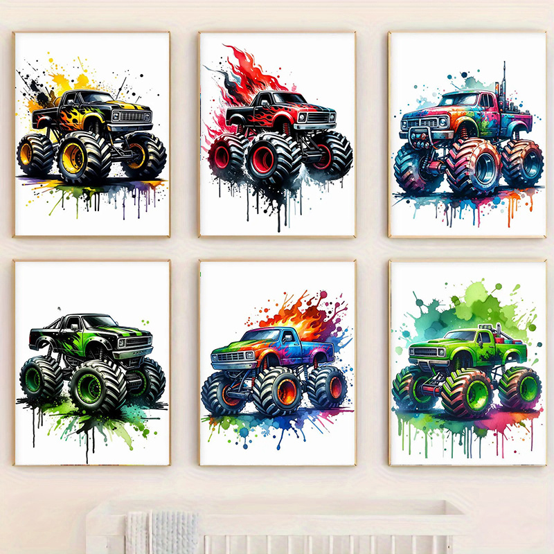 TEMU Affiche de camions monstres 2D, 2D plat, 6 pièces, peinture sur toile de film , dessin , aquarelle, art mural anime, décoration murale,