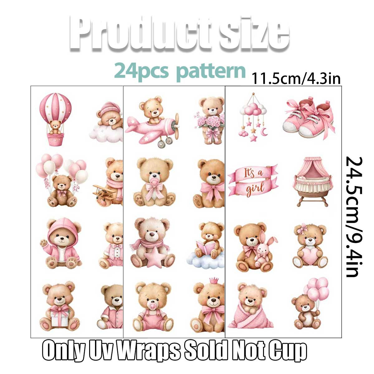 TEMU 24pcs Soft Pink Watercolor Teddy Bear Theme Uv Transfer Stickers - Suitable For Crafts, Mugs, Water Bottles, Self-adhesive Plastic Stickers,