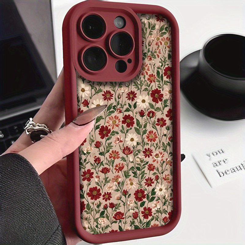 TEMU Phone Case: 1pc Of Retro Wine Red Floral Pattern Soft Ladder All Inclusive Protective Phone Case Suitable For Iphone