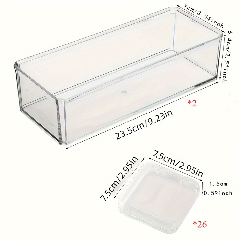 1 set 2 sets of elegant transparent plastic jewelry storage boxes including 2 large boxes and 26 small boxes suitable for bracelets necklaces earrings and rings perfect dressing table organization artifact perfect gift jewelry boxes Product details 1