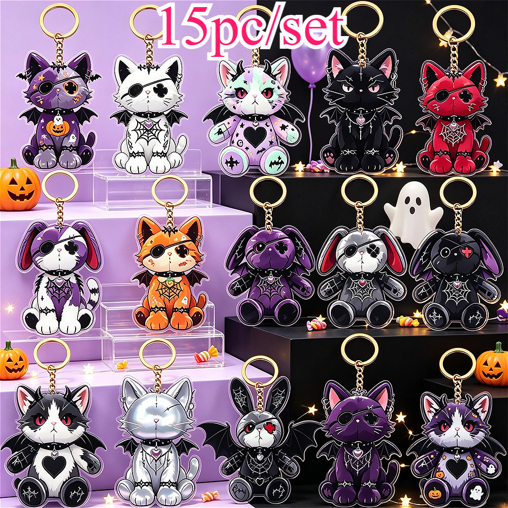TEMU Ensemble de 15 porte-clés 2D plats, chat zombie et lapin squelette, style gothique, porte-clés monstres en acrylique, unisexe, porte-clés pour