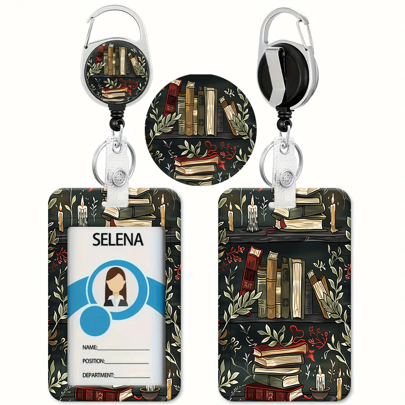 TEMU Porte-cartes Vintage Motif Étagère à Livres Noir avec Clip Rétractable - Porte-badge, Porte-cartes de Crédit, Lanière Robustes pour Infirmières,