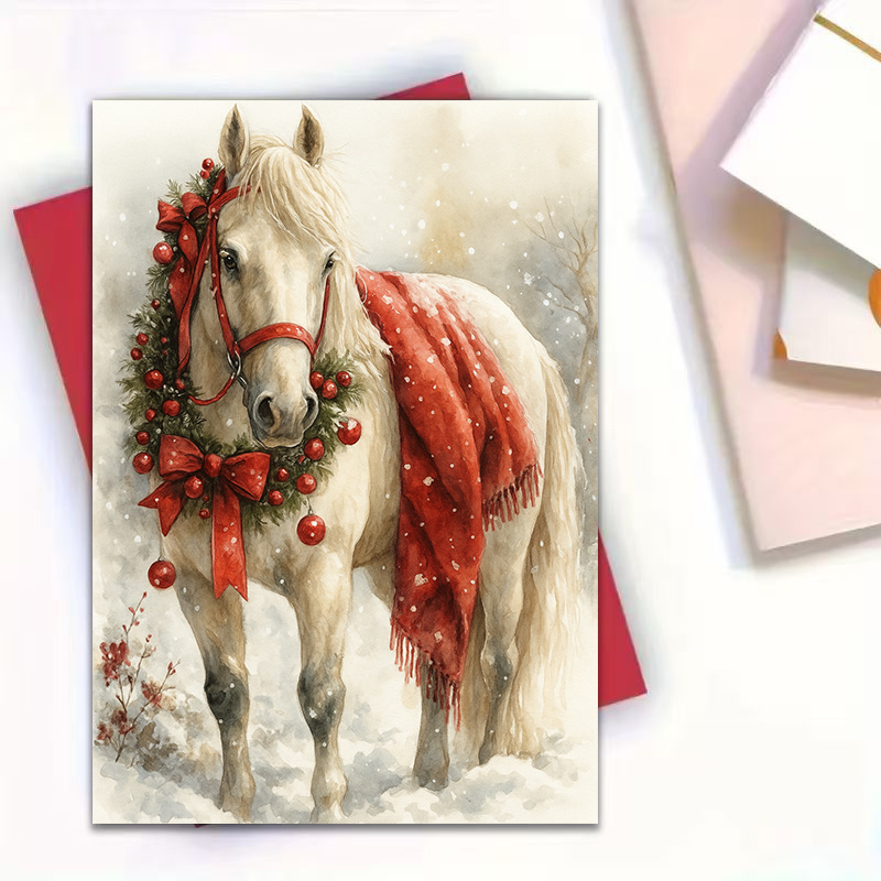 TEMU Christmas White Horse Watercolor Greeting Cards With Envelopes, Winter Snowy Scene Xmas Holiday Note Cards, Vintage Farm Animal Christmas Cards