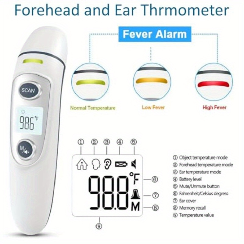 Forehead and Ear Thermometer Digital Infrared Thermometer for Youngsters Adult and Whole Family Multifunction Quick Accurate Reading Fever Alarm Record Memory, Fever Measurement, Health Monitoring, Portable Thermometer, Compact Design, Hygienic Surface, Plastic Construction, Memory Function, No Touch Thermometer, Medical Use, Adults Health