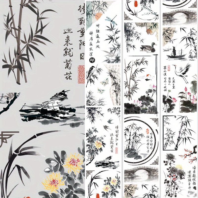 Image of 2m/ Roll Matte Pet Tape With Chinese Ink Painting Design, Washi Masking Tape For Decorative Adhesive Stickers, Ideal For Planner, Scrapbooking, And Collage Material, 100cm Loop