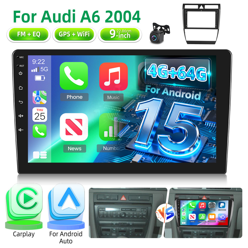 Image of 9 Inch 4+64g 15 Car Radio For A6 2004 Car, Car Radio Touchscreen Bluetooth Eq Wifi Rds Fm Swc Reversing Camera As A Gift
