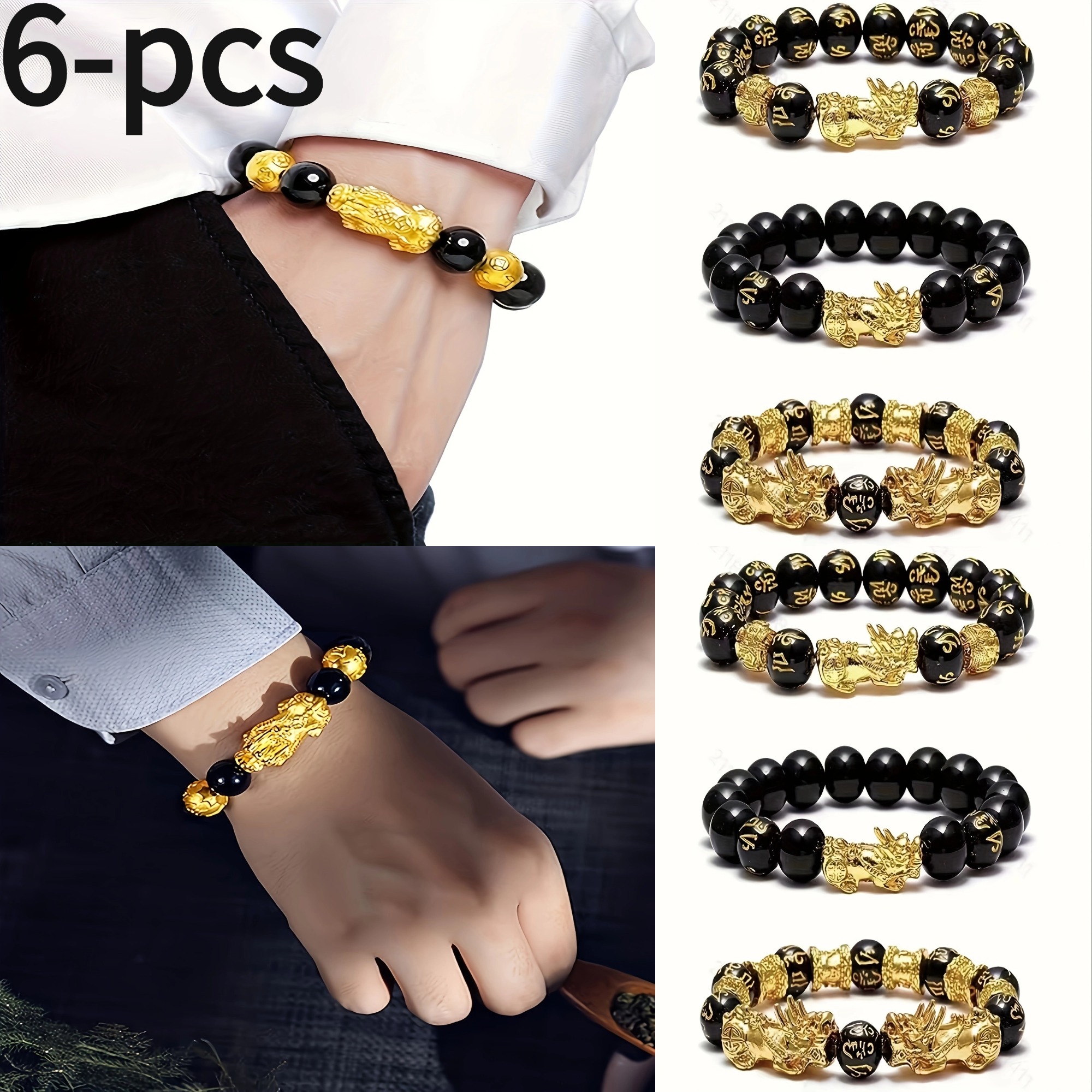 TEMU Set Of 6 Shui Charm Bracelets For Men Featuring A Stylish Pixiu Design With Elastic Chains