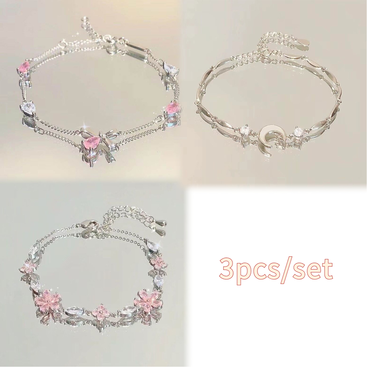 TEMU 3pcs Set Of Cute, Elegant, And Lightly Luxurious Fairy-style Cherry Bracelets For Women, Ultra-sparkly Double-layer Stackable Design, Niche