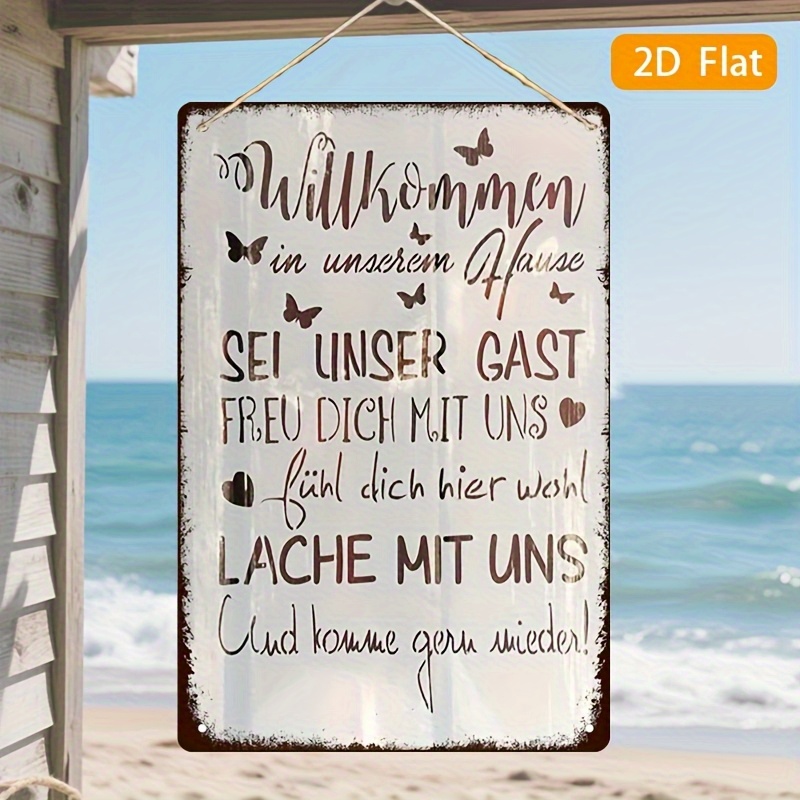 E-shop 2D Flach, . Deutschlands Willkommen-Schild - "Wir freuen uns, Sie zu sehen" (Deutscher Text: "Willkommen") - Rustikale braune Eisen Wandmontage