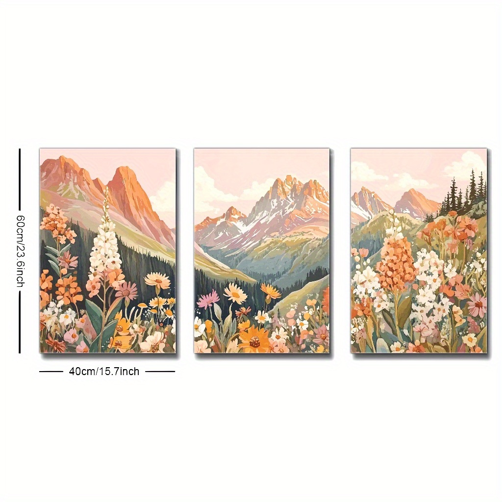 TEMU Ensemble de sur Toile Encadrées - de et avec Fleurs , Pins et Pics Ensoleillés - Décoration Murale en Bois , Salon ou Café, Utilisation