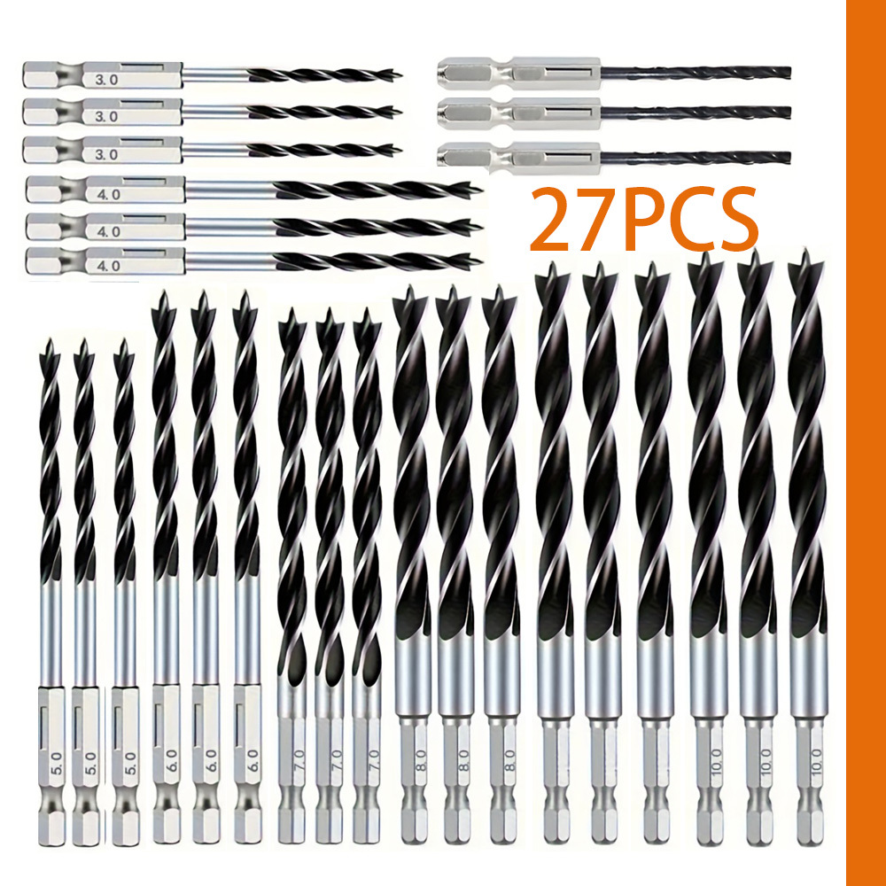 27-pcs~ 2.5-10mm Hex Shank Three-point Woodworking Drill Bit Positioning Drilling Tool, Suitable For Wood, Plastic, Cardboard, And