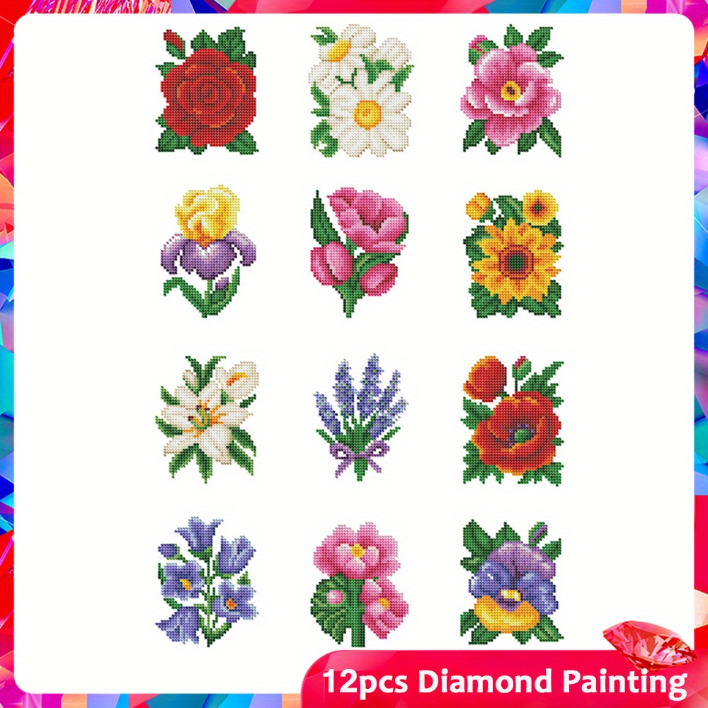 

12 kits de peinture au diamant, art mosaïque broderie DIY avec des acryliques carrés, ensemble artisanal fait à avec un thème floral, avec des strass pour la décoration de et cadeau