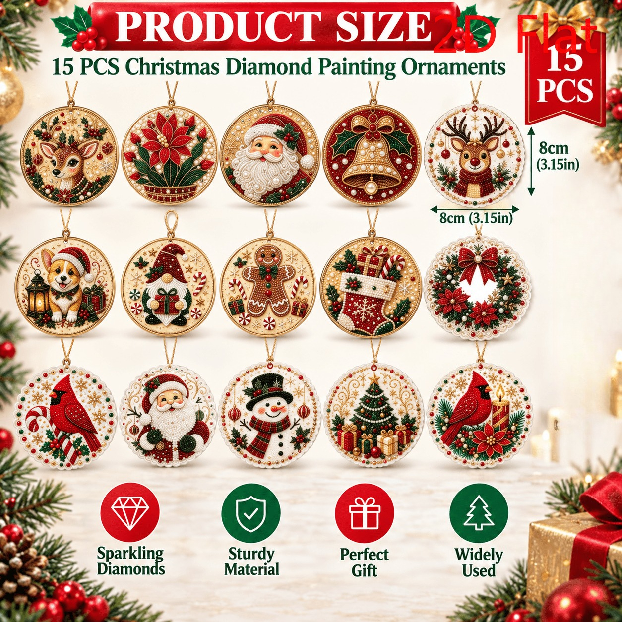 TEMU 15pcs Christmas Ornament Set, Hd 2d Printed Full Hangings Reindeer, Poinsettia, Santa, Bells, Corgi, Elf, Gingerbread Man Stockings, Wreath, ,